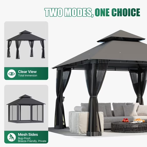 LazySunsets 10'x 10' Patio Gazebo Double Roof Protection All-Weather Outdoor Shelter Features Insect Screens for Backyard, Lawn, (Gray)
