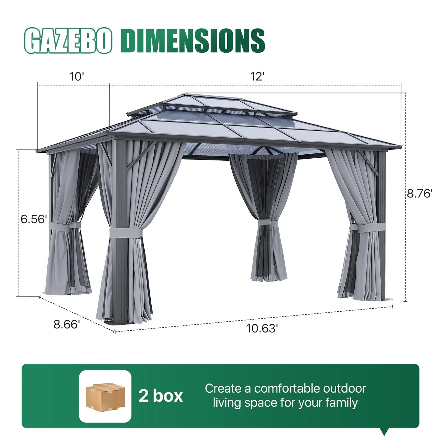 Clouddwell 10'x12' Hardtop Gazebo - Polycarbonate Double Roof with Netting & Curtains for Patio, Garden Sun Protection,Gray