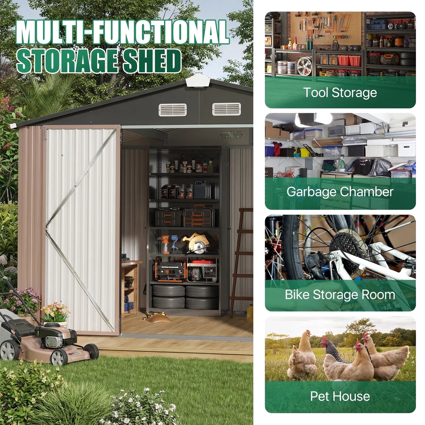 Clouddwell 10 x 8 FT Shed Outdoor Storage Shed with Double Hinged Large Door, Large Metal Shed with Lockable Door & Sloped Roof for Garden, Patio and Backyard, Brown