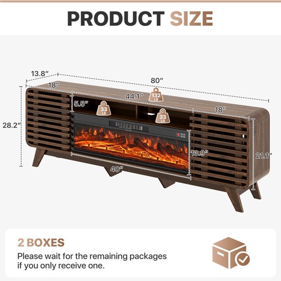 Sonegra Fireplace TV Stand with 40" Electric Fireplace, Mid Century Modern Entertainment Center with Led Lights for 90" TVs , Wood Media Console with Slatted Sliding Doors for Living Room, Brown