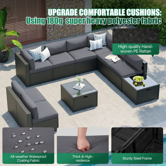 Clouddwell 10-Piece Patio Furniture Set On Sale, Black Rattan Wicker Outdoor Sectional Sofa Couch with Table Patio Conversation Set for Lawn& Backyard,Gray