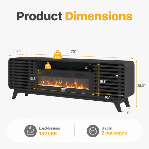 Sonegra Fireplace TV Stand with 36" Electric Fireplace, Mid Century Modern Entertainment Center with Led Lights for 80" TVs , Wood Media Console with Slatted Sliding Doors for Living Room, Black
