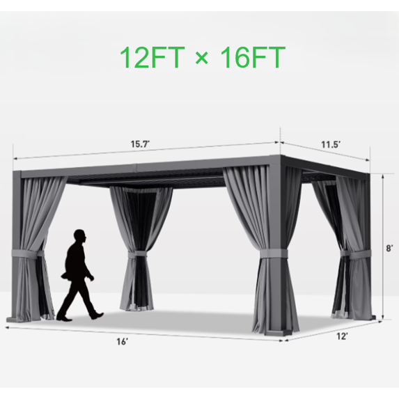 Sunmthink 12' × 16' Adjustable Louvered Pergola, Outdoor Aluminum Pergola with Curtains & Netting for Backyard, Deck & Poolside, Gray