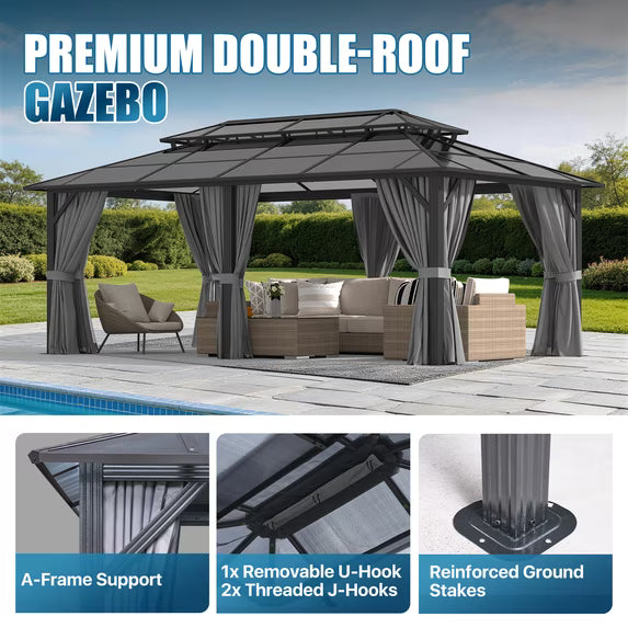 Sunmthink 12' x 20' Hardtop Gazebo,Polycarbonate Double Roof,Aluminum Frame with Curtains and Netting for Patio,Garden,Gray