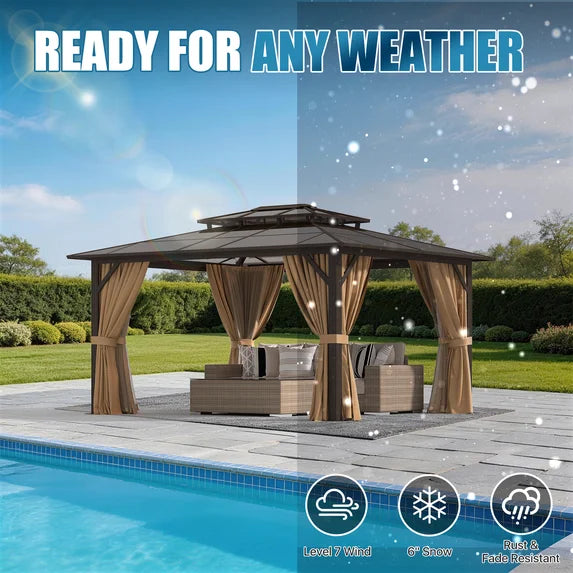 Sunmthink 12' x 14' Hardtop Gazebo,Polycarbonate Double Roof,Aluminum Frame with Curtains and Netting for Patio,Garden,Brown