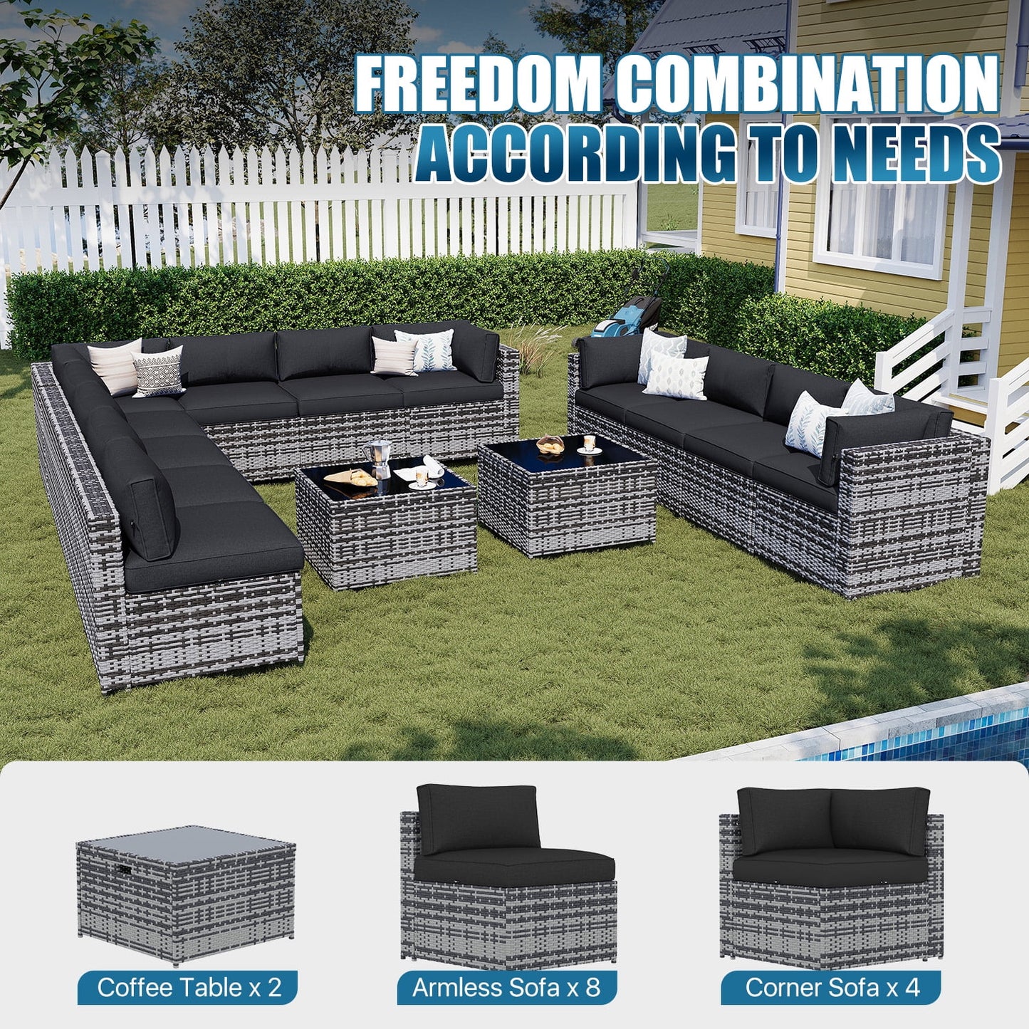 Sunmthink Patio Furniture Sets, 14-Piece Outdoor Patio Furniture with Thick Cushions, Wicker Outdoor Conversation Set and Waterproof Cover for Backyard, Poolside, Garden