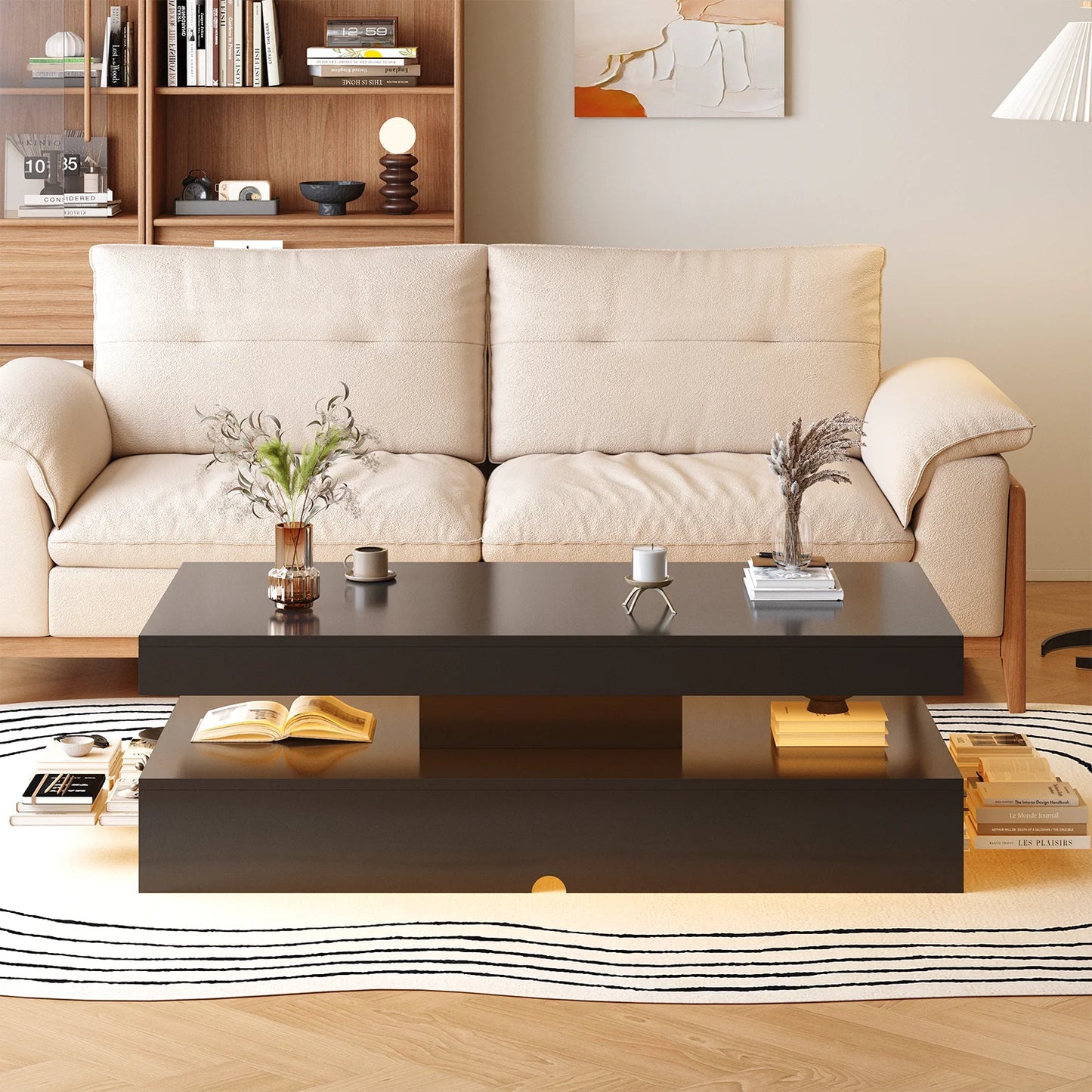 Sonegra 47" High-Glossy LED Coffee Table, Storage Coffee Table with 2 Sliding Drawers for Living Room, Modern Stylish Double-Layer Center Tables with LED Lights, Black