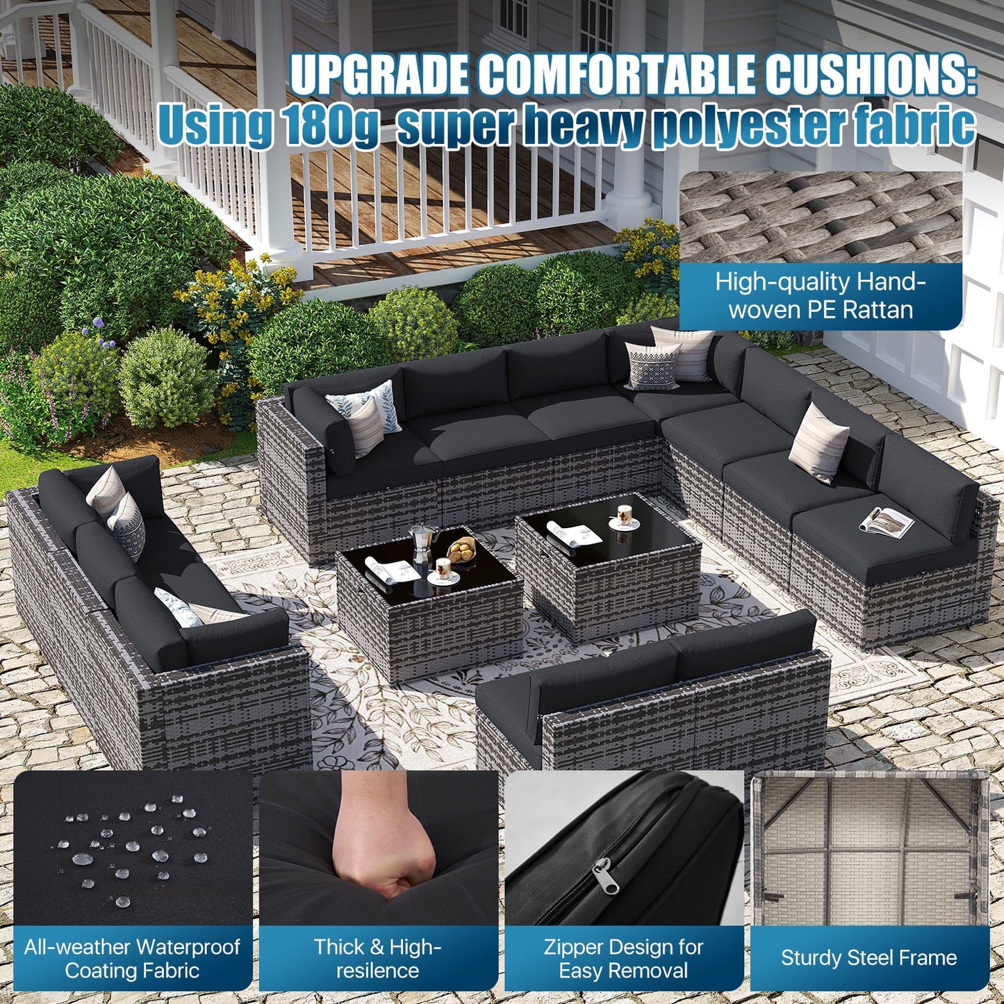 Sunmthink Patio Furniture Sets, 14-Piece Outdoor Patio Furniture with Thick Cushions, Wicker Outdoor Conversation Set and Waterproof Cover for Backyard, Poolside, Garden