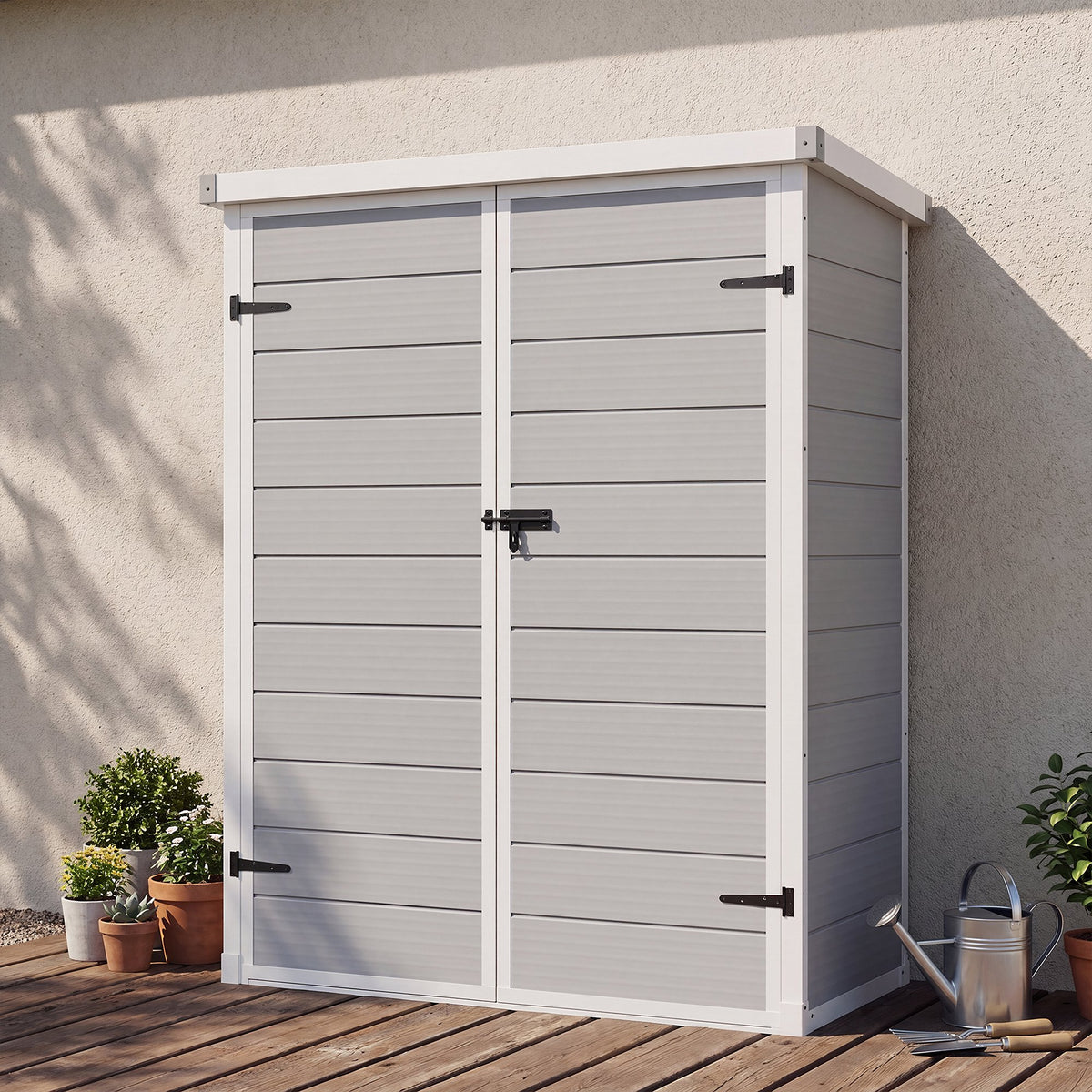 Dateyes 4.4X2.2 FT Resin Outdoor Storage Shed, 48 Cu.ft Waterproof Plastic Storage Sheds with Floor, Weather-Resistant Vertical Outdoor Storage Cabinet with Lockable Doors, Gray