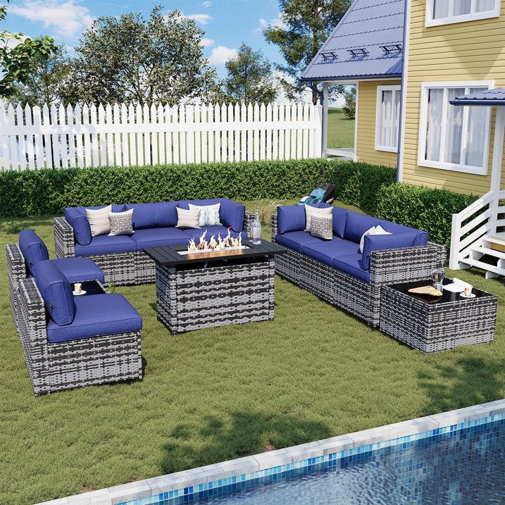 Sunmthink Patio Furniture Sets, 11-Piece Outdoor Patio Furniture with 44'' Propane Gas Firepit Table, Wicker Outdoor Conversation Set and Waterproof Cover for Backyard, Poolside, Garden