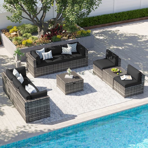 Clouddwell 10 Piece Patio Furniture Set Wicker Rattan Patio Conversation Set Outdoor Sectional Sofa Set with Coffee Table and Black Cushions(Waterproof Cover Included)