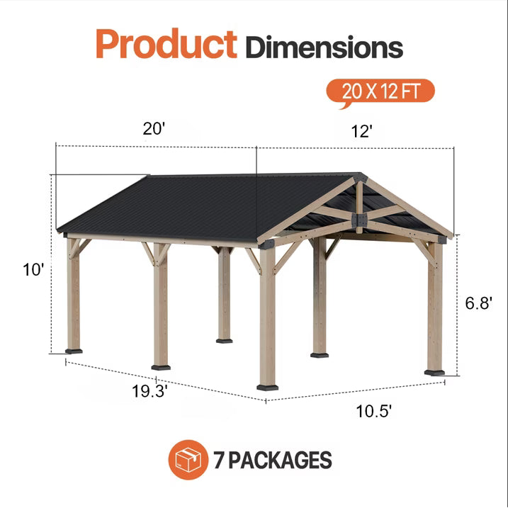 Sunmthink 12' x 20' Cedar Wood Gazebo, Hardtop Gazebo with Galvanized Steel Gable Roof, Permanent Wooden Pavilion for Patio Backyard Lawn Garden