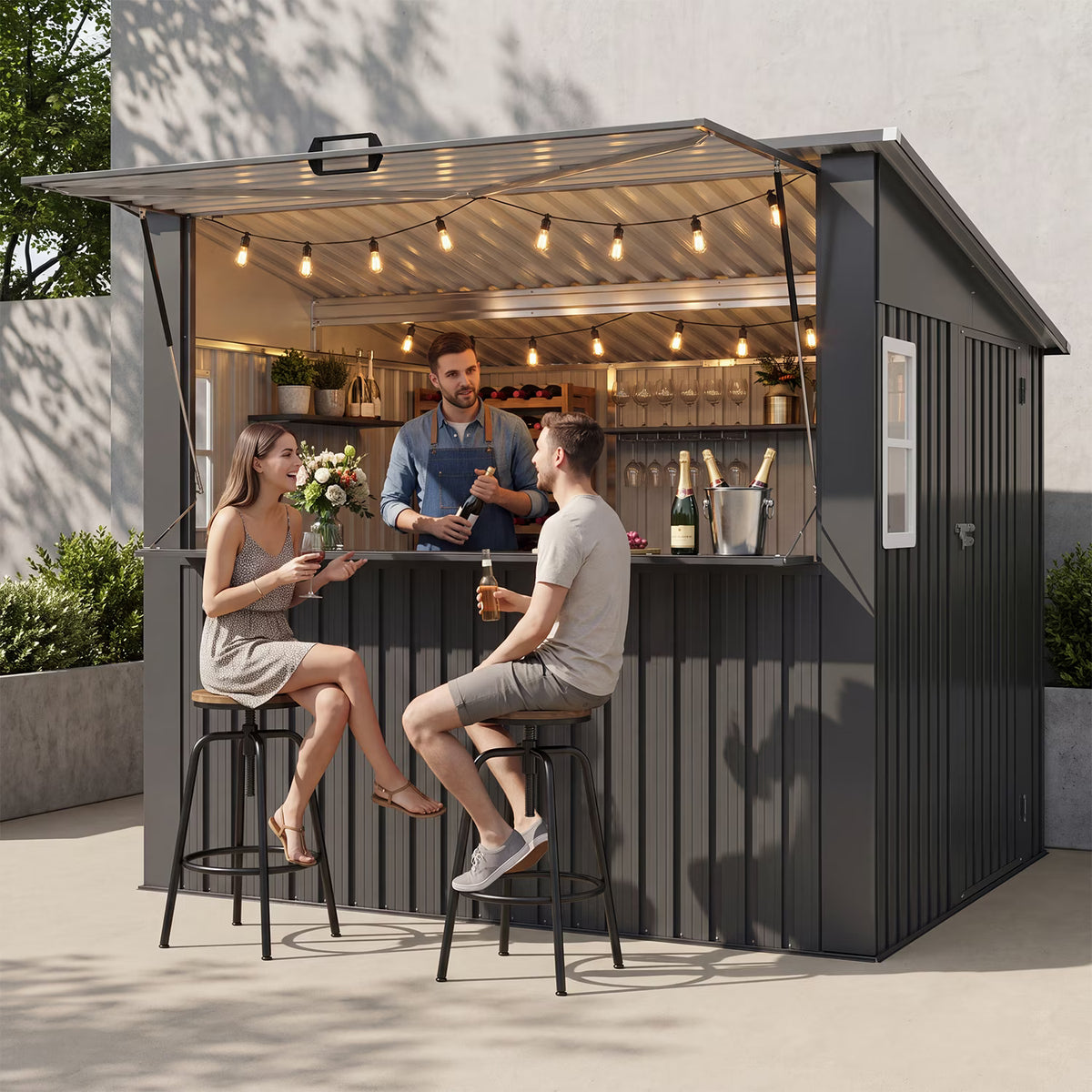 Dateyes 8x7 FT Outdoor Bar Shed with TV Mount & Fold-Down Counter, Metal Outdoor Storage Shed with 2 Windows , Roof Canopy for Patio, Backyard