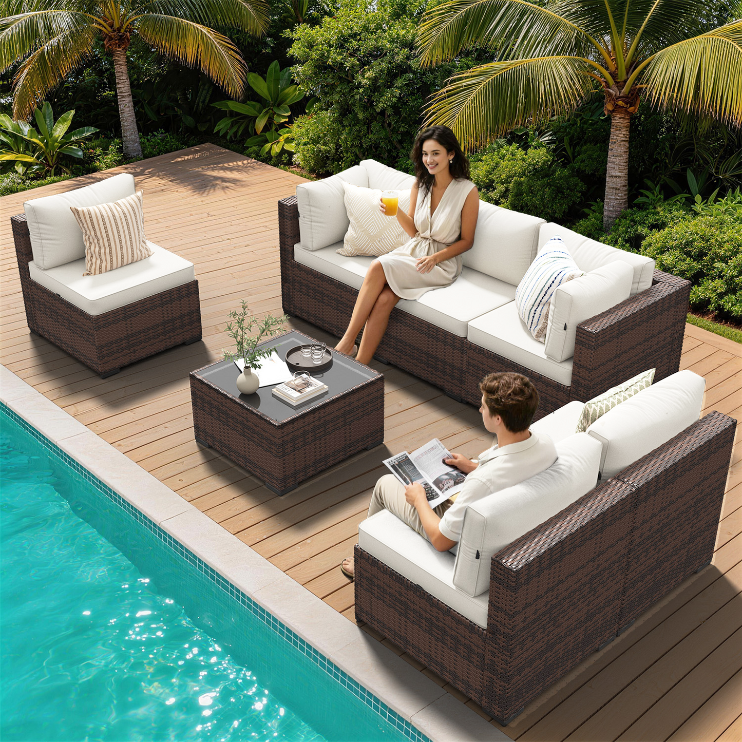 Clouddwell 7 Piece Outdoor Patio Furniture Set, Wicker Rattan Patio Sectional Sofa Sets, Off White