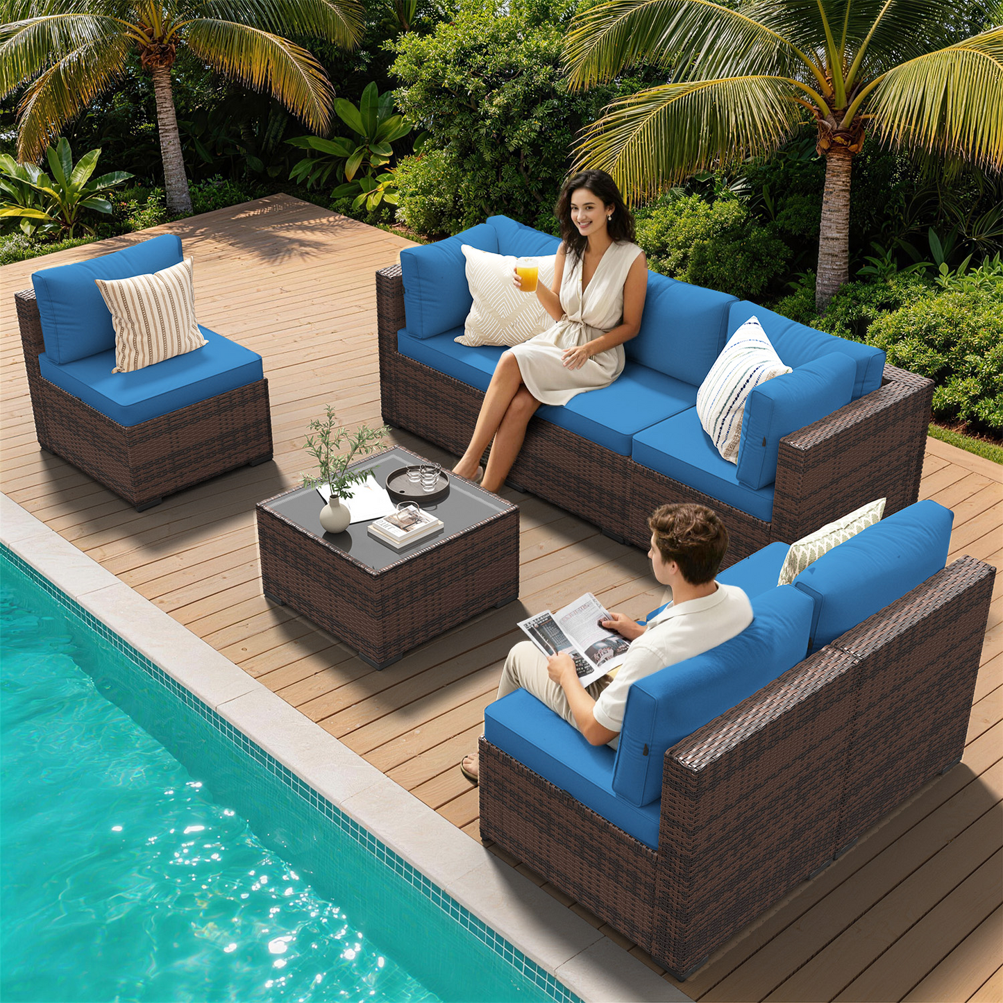 Clouddwell 7 Piece Outdoor Patio Furniture Set, Wicker Rattan Patio Sectional Sofa Set, Blue