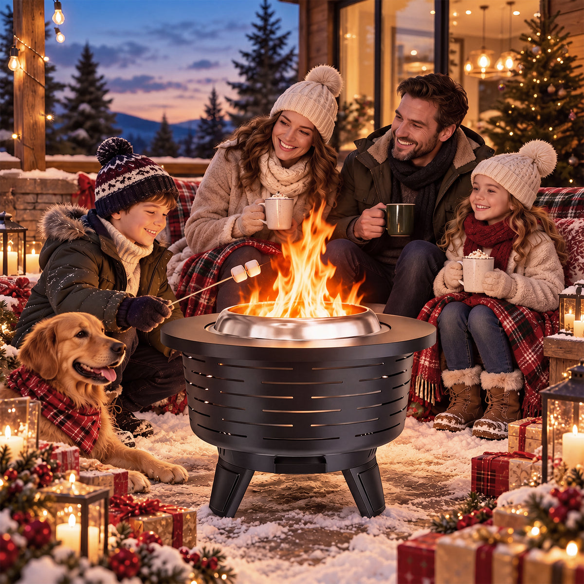 BaPiPro 25" Black Smokeless Fire Pit HR-A, Outdoor Wood Burning Fire Stove with Fire Poker and Rain Cover for Backyard Patio Heating