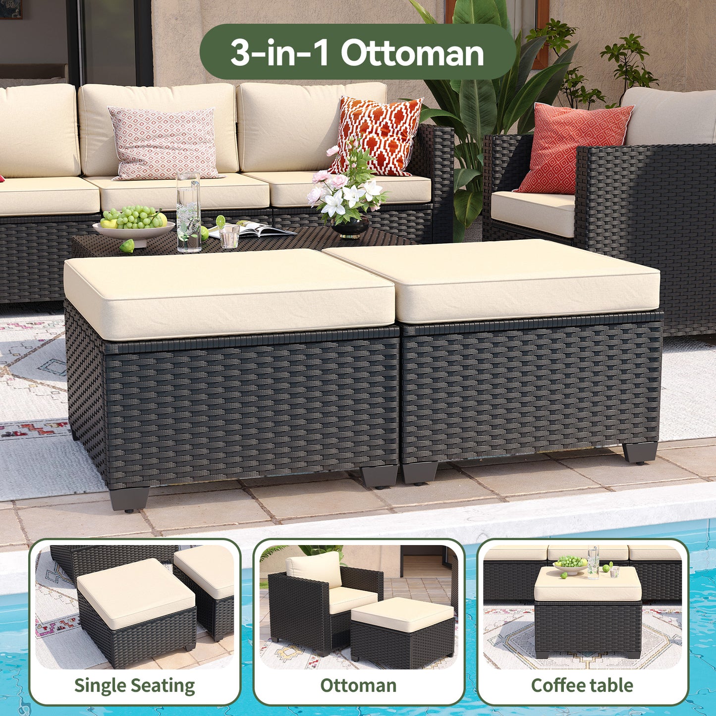 Sunmthink 8 Piece Outdoor Patio Wicker Furniture Set, Rattan Sectional Sofa with Beige Cushions