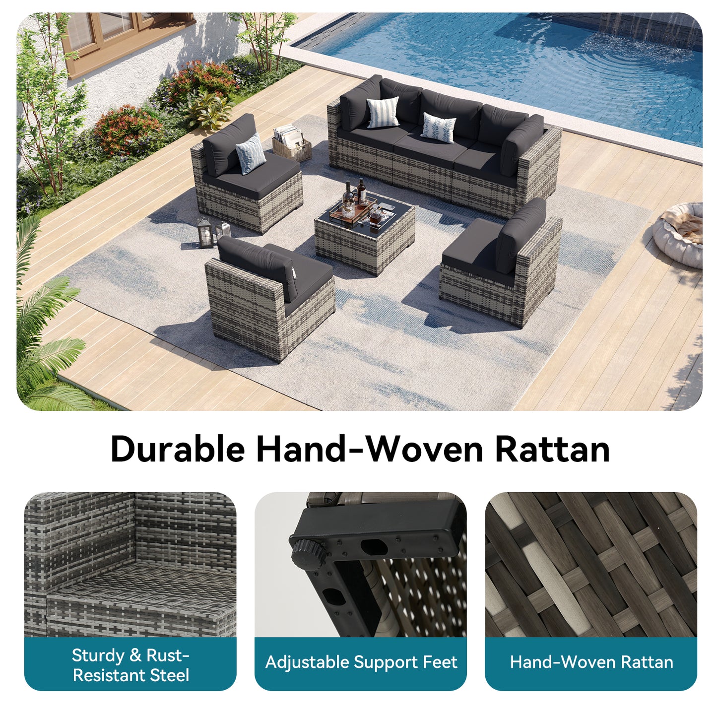Clouddwell 7 Pieces Patio Conversation Set, Outdoor Sectionals Rattan Wicker Couch Sofa, Black