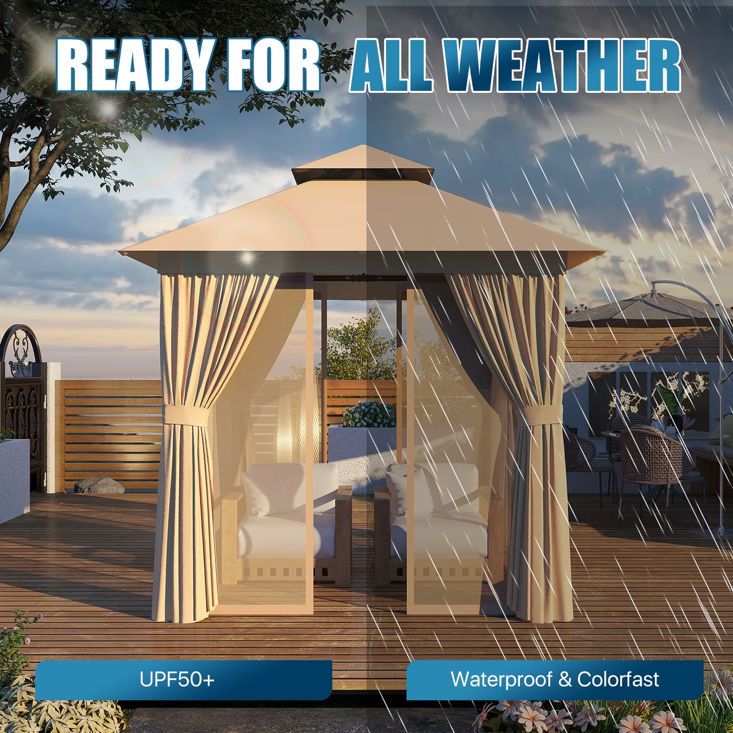 Sunmthink Outdoor Gazebo for Patio 8'x8', Metal Frame Canopy with Double Roofs, Heavy Duty Party Tent and Shelter with Mosquito Netting and Privacy Screen for Backyard,Garden,Deck (Beige)
