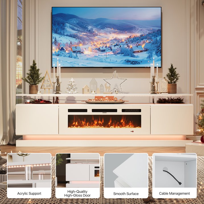 Sonegra Modern Fireplace TV Stand for TVs Up to 80" with Music Sync LED, 70" Entertainment Center with Electric Fireplace, TV Console with Storage Cabinets for Living Room, White