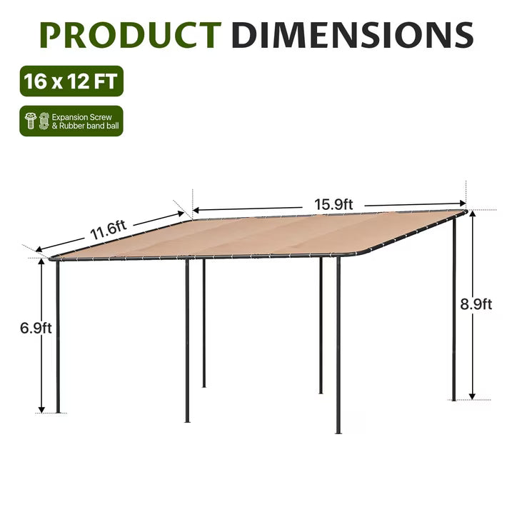 Dateyes 16'x12' Wall-Mounted Metal Gazebo , Water-Resistant Khaki Canopy with UV Protection for Patio & Garden
