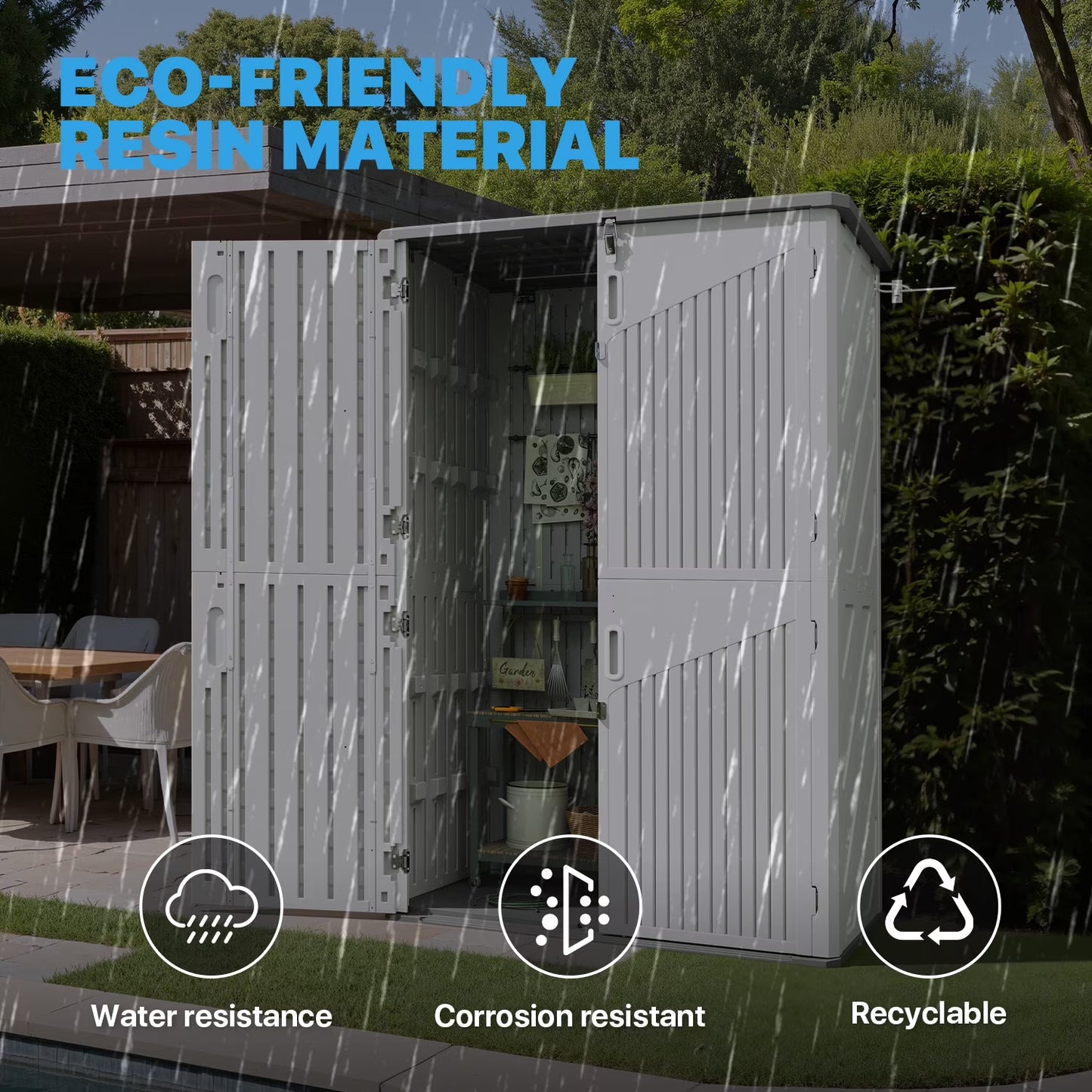 Sunmthink 5'X3' Resin Storage Shed with Floor, Outdoor Storage Shed, Waterproof Plastic Shed with Lockable Four Doors, Thick 4mm Resin Panels