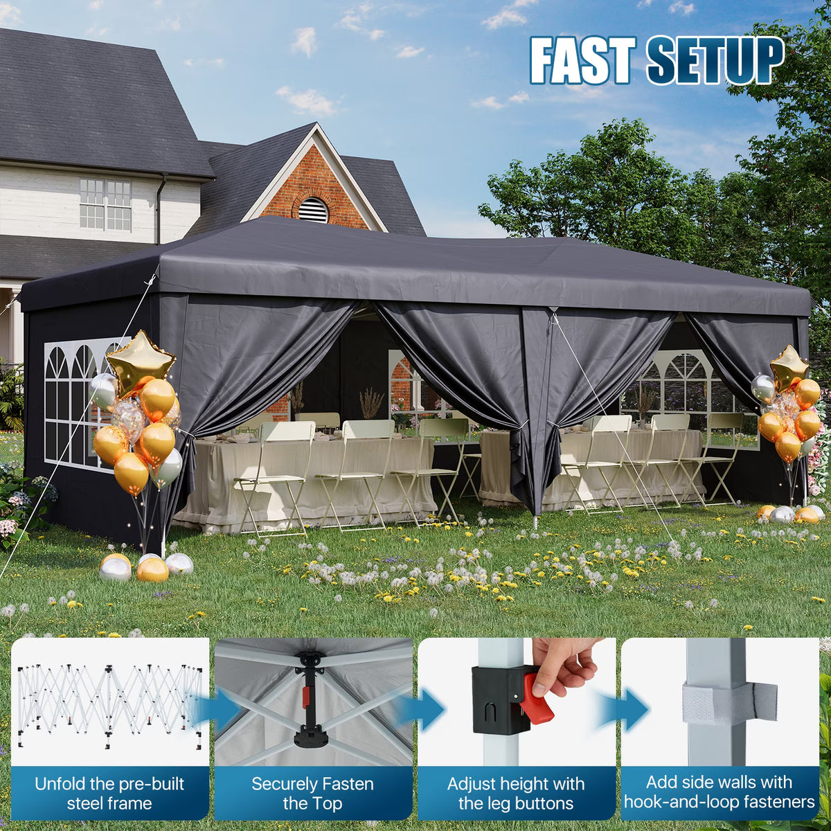 Dateyes 10x20 Pop Up Canopy Tent, Waterproof Party Tent with 6 Removable Sidewalls, 3-Level Height Adjustable Event Tent, Instant Shelter for Wedding, Party, Commercial & Market Events,Gray