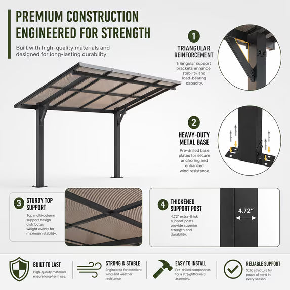 Dateyes 10'x8' Freestanding Hardtop Gazebo Pergola Heavy Duty Patio Carport with Multi Wall Polycarbonate Roof, Wall Mounted Awning for Decks, Weatherproof & Low Maintenance