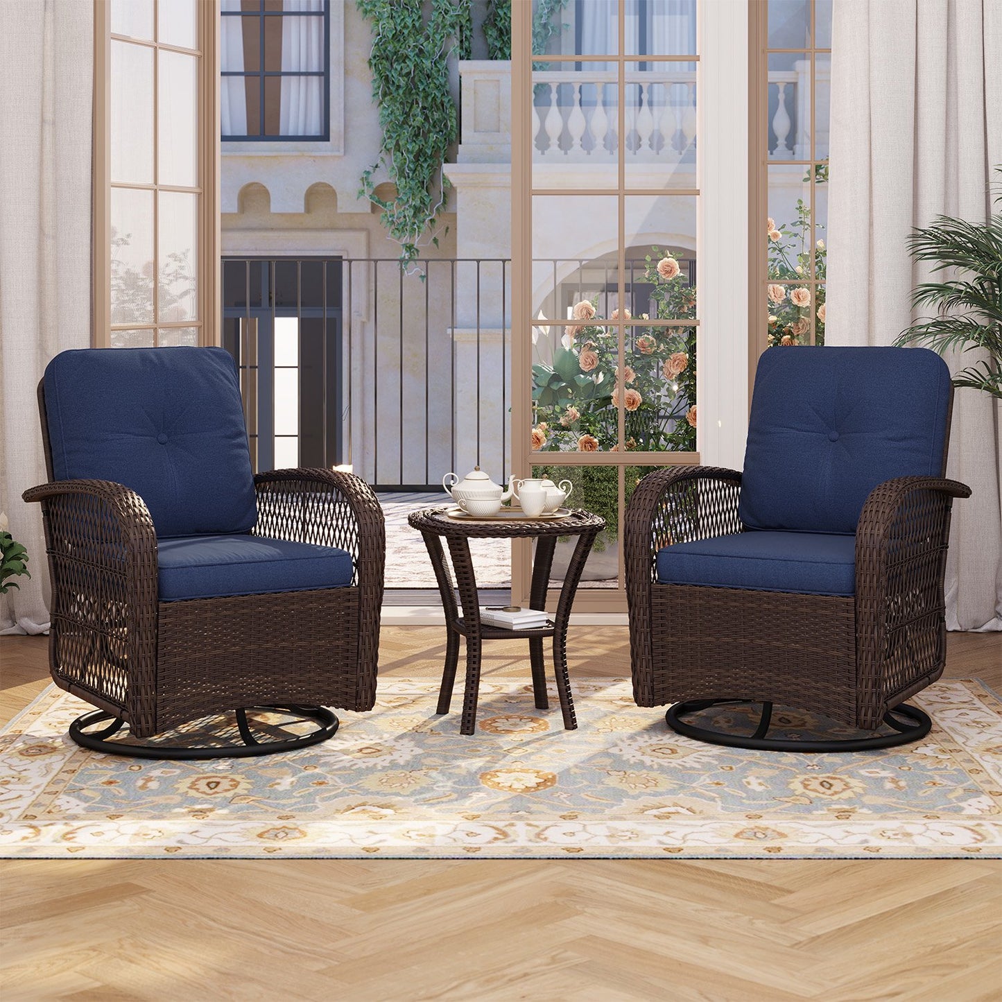 Sunmthink 3-Piece Patio Furniture Set with Swivel Rocking Chairs and Side Table, Thickened Cushions Outdoor Wicker Bistro for Porch Deck Backyard (Blue)