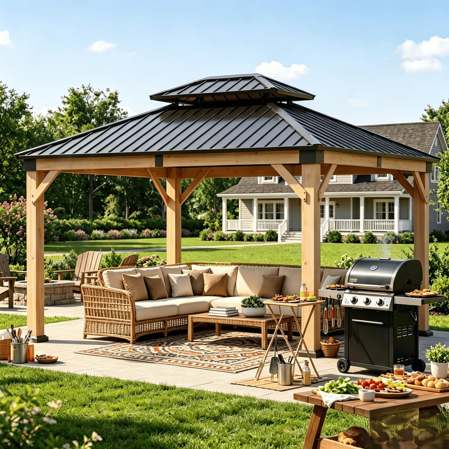 Clouddwell 10' x 12' Wood Gazebo with Double Roof, Hardtop Metal Roof Outdoor Patio Gazebo Canopy for Backyard, Deck, Lawn & Garden