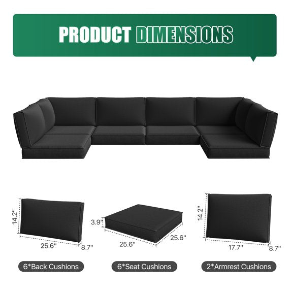 Clouddwell 14-Piece Premium Outdoor Cushion Set, High-Resilience Waterproof Cushions for 6-Seat Wicker Sectional, Comfort Upgrade (Black)