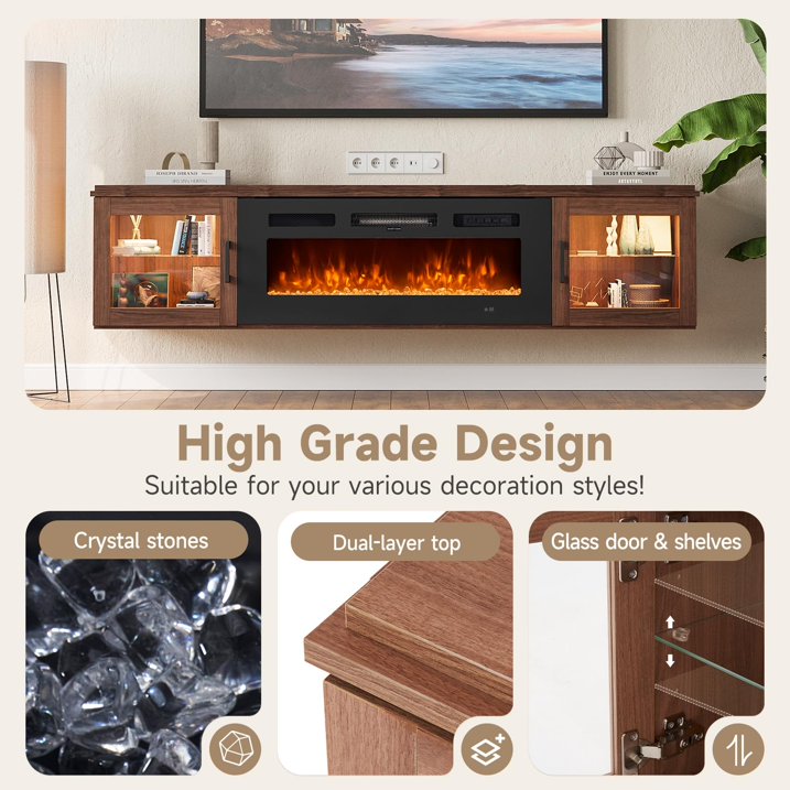 Sunmthink Floating TV Stand with 36" Electric Fireplace, High Gloss Finish Wall Mounted Fireplace Entertainment Center with Storage for TVs Up to 80", Brown