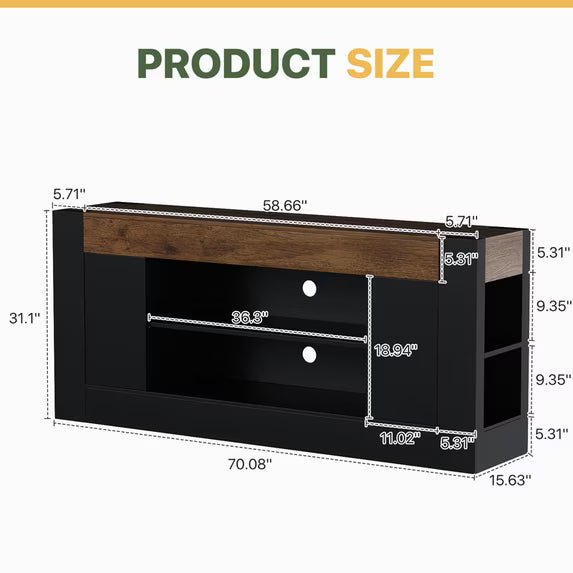 Sonergra Two‑Tone Modern Farmhouse TV Stand for TVs up to 80 Inch 70 Inch Wood Entertainment Center with Cabinets Open Shelves and Cable Holes for Living Room,Black