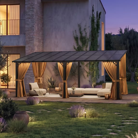Dateyes 20‘x10’ Wall-Mounted Patio Gazebo with Durable Polycarbonate Roof, Full Bug Screens & Privacy Panels