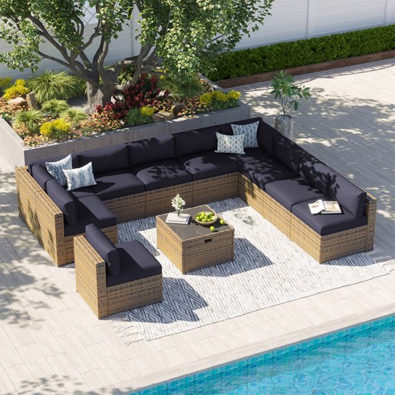 Clouddwell 11 Piece Patio Furniture Set Wicker Rattan Patio Conversation Set Outdoor Sectional Sofa Set with Coffee Table and Black Cushions(Waterproof Cover Included)