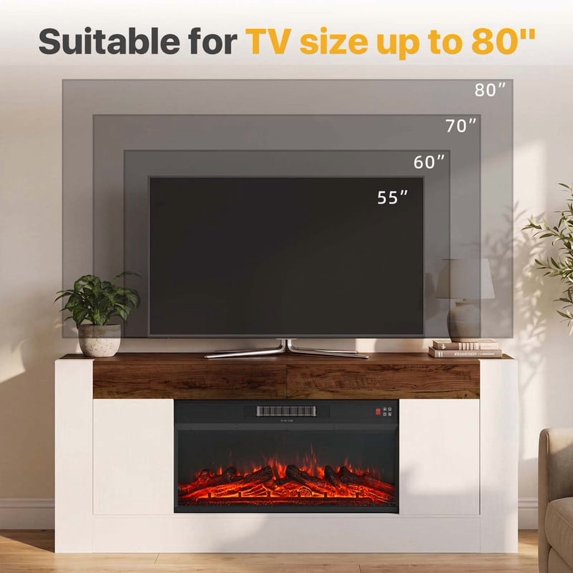 Sonergra Farmhouse Fireplace TV Stand for TVs up to 80 Inch Rustic Wood,70 Inch Electric Fireplace Entertainment Center with Drawers Cabinets and Open Storage Shelves for Living Room,White