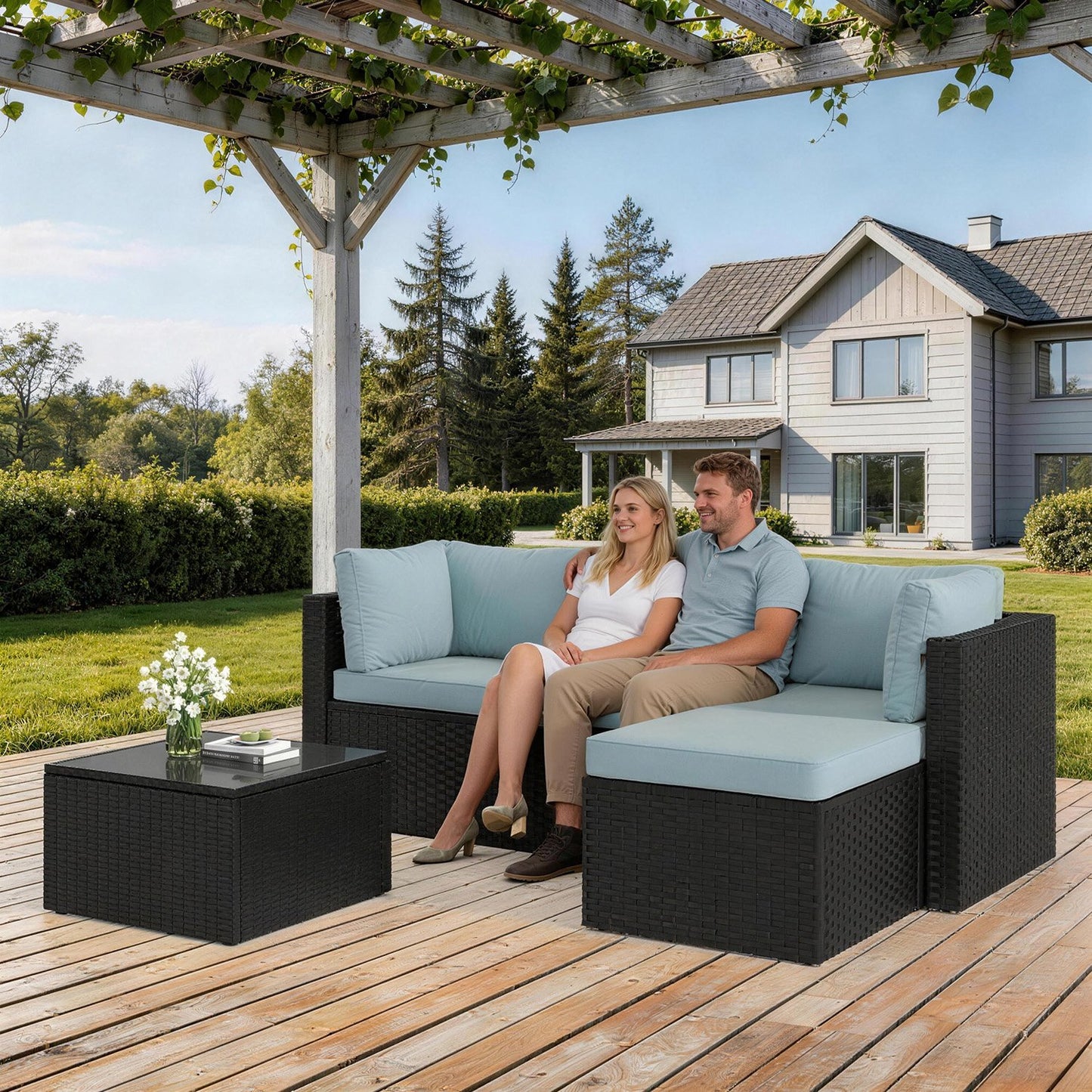 3 Pieces Patio Furniture Set, All-Weather Wicker Rattan Patio Sectional Sofa Set with Coffee Table and Waterproof Cover(Light Blue)