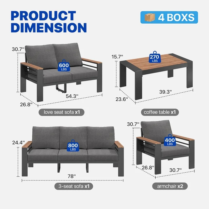 7-Seats Outdoor Patio Sectional Set with Coffee Table & Cushions - Aluminum Furniture for Terrace/Garden/Poolside (Gray)