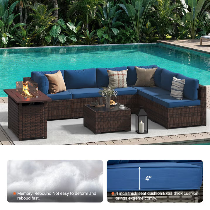 Dateyes 8-Piece Outdoor Patio Furniture Set with 44" Fire Pit Table, All-Weather Wicker Rattan Sectional Sofa with Coffee Table(Blue)