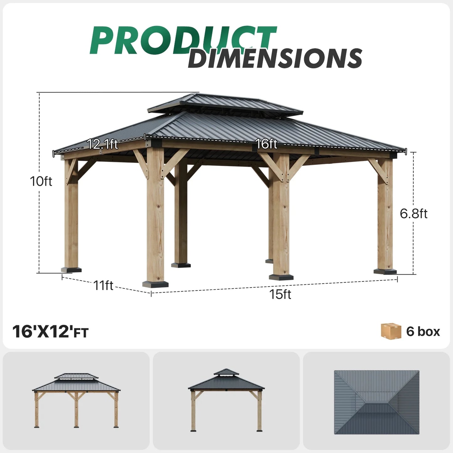 Clouddwell 12*16FT Upgraded Cedar Gazebo,Cedar Hard Roof Gazebo,with Double-Layer Galvanized Steel Roof,Suitable for Backyard,Desk,and Lawn.
