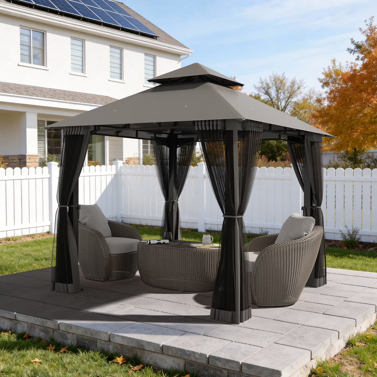 LazySunsets 8'x 8' Patio Gazebo Double Roof Protection All-Weather Outdoor Shelter Features Insect Screens for Backyard, Lawn, (Gray)