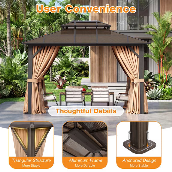 Dateyes 10'x12' Hardtop Gazebo - Polycarbonate Double Roof,Outdoor Permanent Pavilion with Curtains and Mosquito Netting for Patio, Backyard,Brown