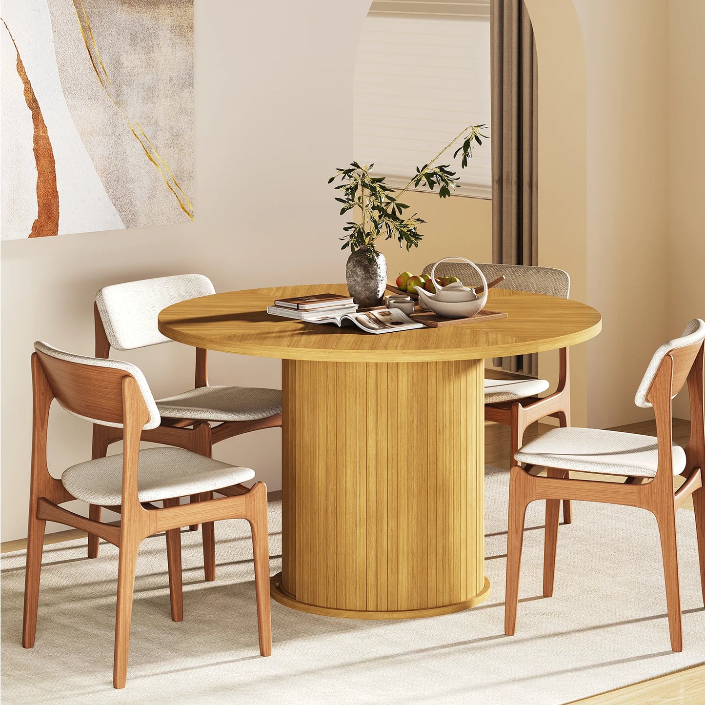 Sonegra 47-inch Round Dining Table with Storage, Modern Fluted Circle Kitchen Table with 2-Layer Storage and Sliding Door, for Kitchen Living Room, Burlywood
