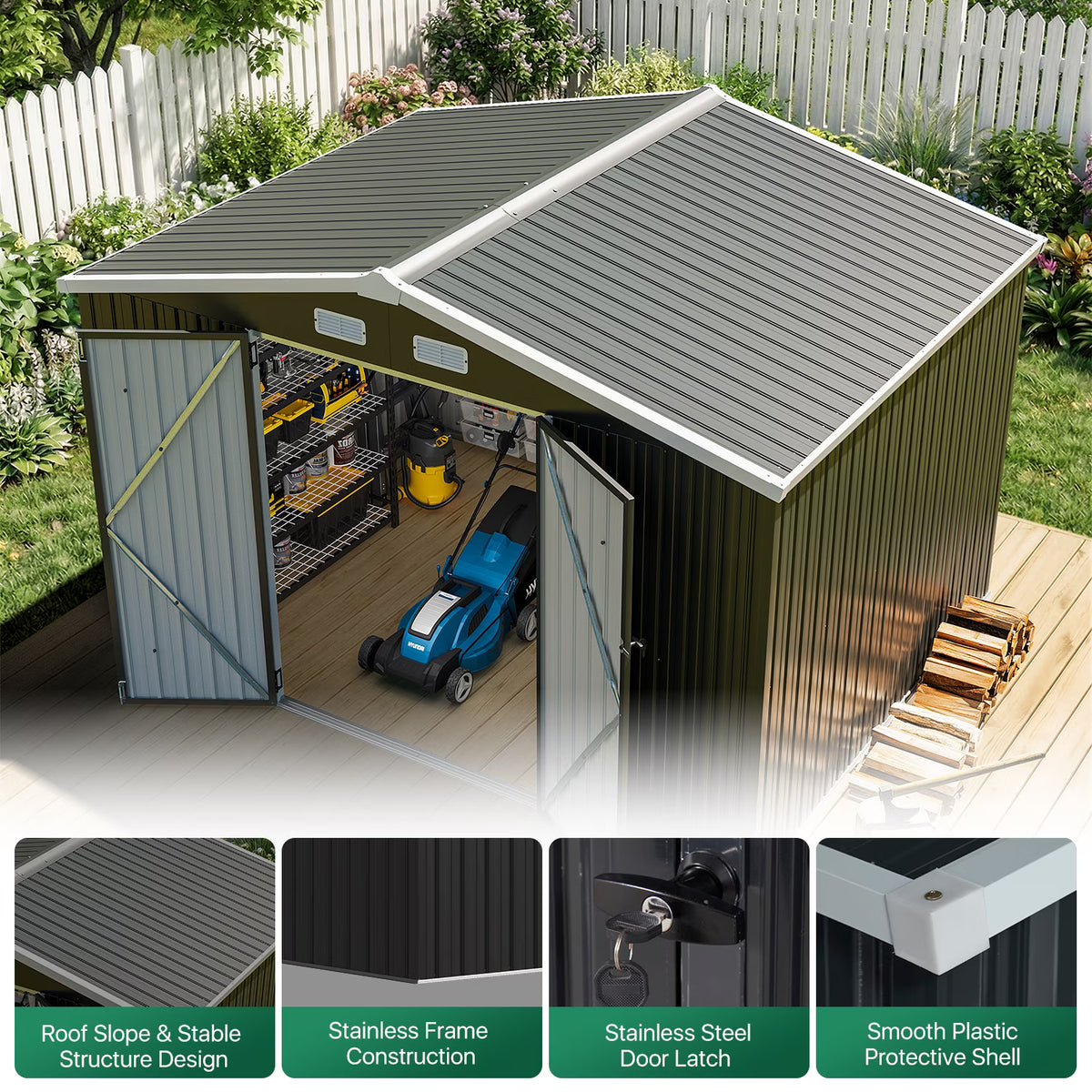 LazySunsets 10 x 8FT Shed Outdoor Storage Shed with Double Door, Large Metal Shed with Lockable Door & Sloped Roof for Garden, Backyard, Patio and Backyard, Black