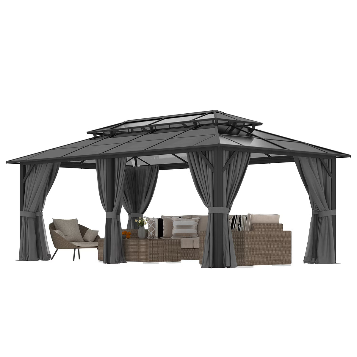 Sunmthink 12' x 20' Hardtop Gazebo,Polycarbonate Double Roof,Aluminum Frame with Curtains and Netting for Patio,Garden,Gray