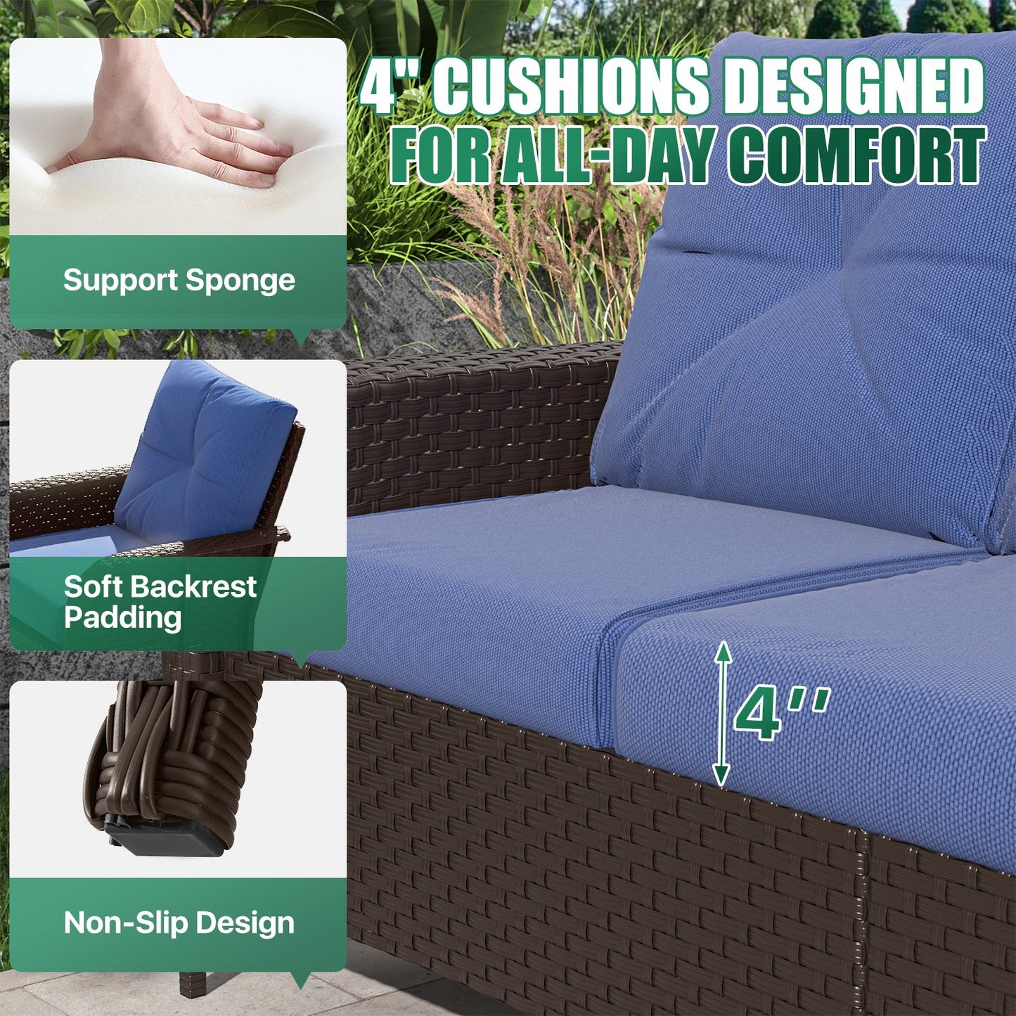 Sunmthink 10-Piece Patio Furniture Set, High Back Swivel Rocker Chairs with Thick Cushions, Wicker Rattan Outdoor Sectional Sofa with Fire Pit & Ottoman, Blue