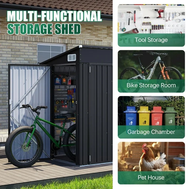 Clouddwell 8ft x 4ft Heavy-Duty Metal Storage Shed with 3 Doors, Lockable Lean-To Design, Weatherproof for Garden & Tools (Black)