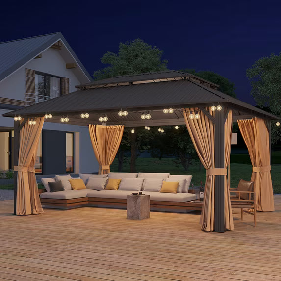 Clouddwell 12' x 16' Gazebo for Patio, Gazebo Pergola with Sloped Roof, Large Wall-Mounted Heavy Duty Awnings, for Deck, Patio and Backyard,Brown