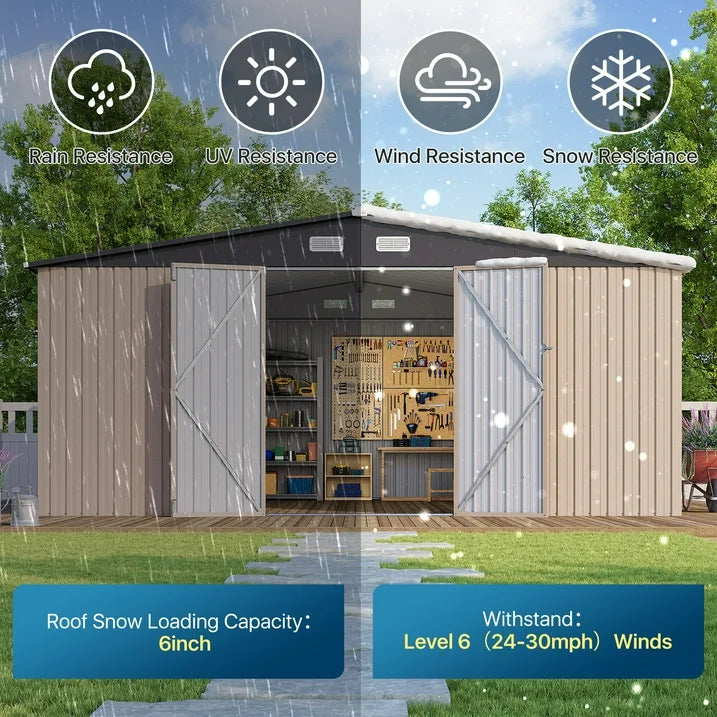 Clouddwell 12 x 14FT Shed Outdoor Storage Shed with Double Hinged Large Door, Large Metal Shed with Lockable Door & Sloped Roof for Garden, Backyard, Patio and Backyard, Brown