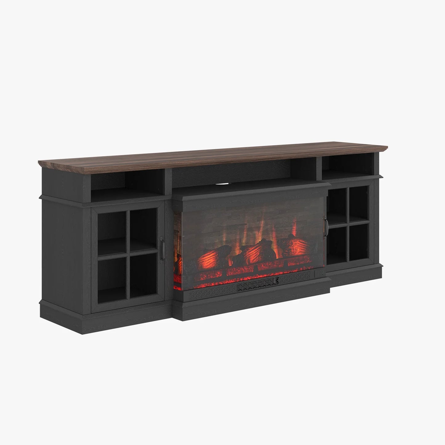 Sonegra 70 inch Fireplace TV Stand for TVs up to 80" with Electric Fireplace, Farmhouse Entertainment Center with LED Lights and Glass Door, Modern TV Consoles for Living Room, Black